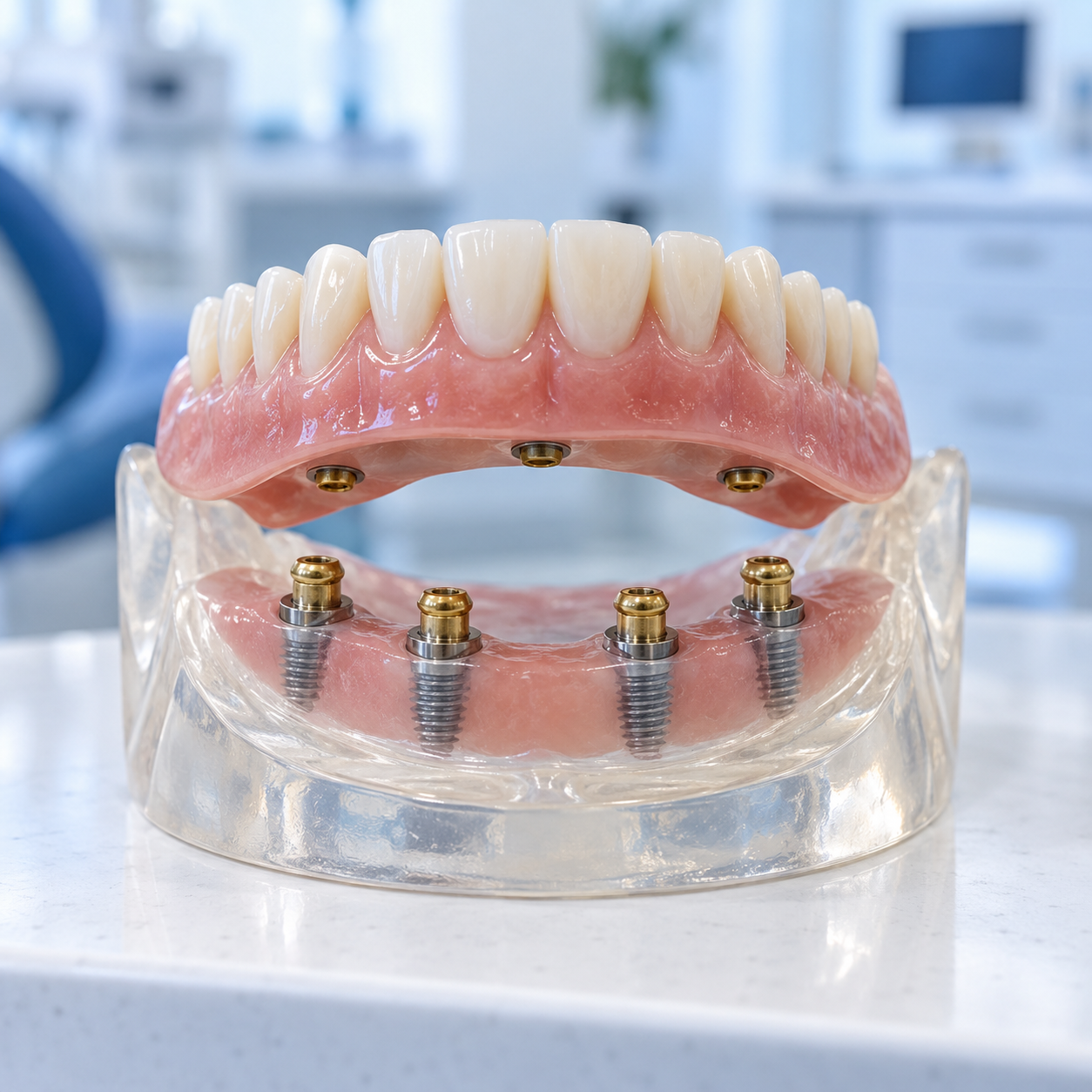 Close-up of an implant-supported overdenture with locator attachments on a model