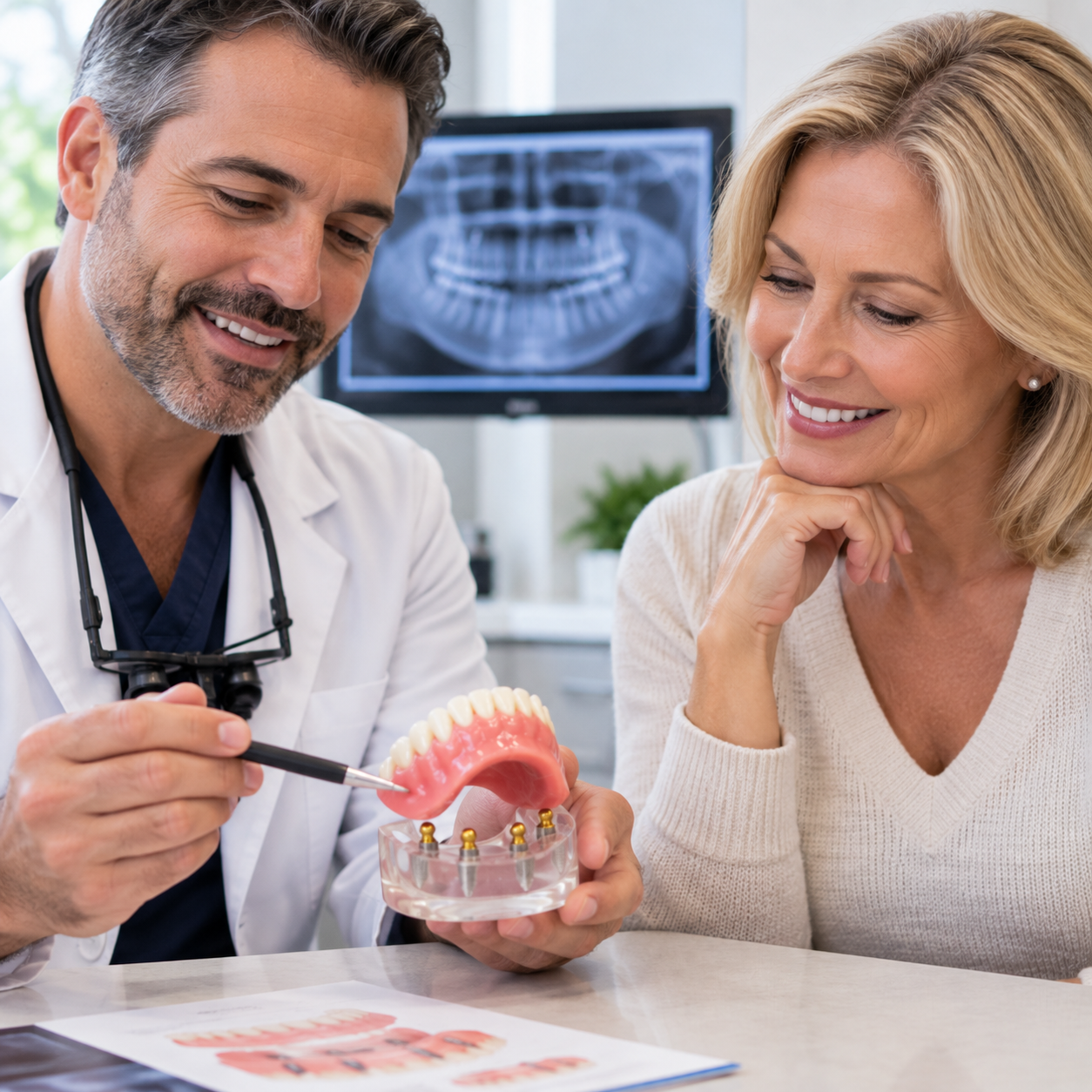 Reassuring dentist and patient consultation about full mouth reconstruction