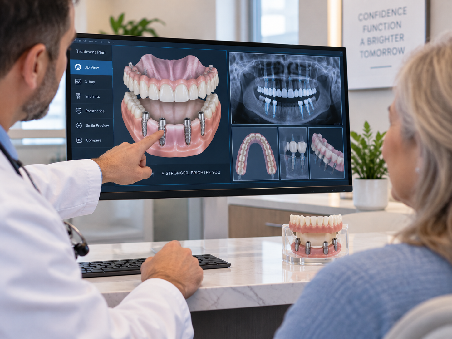 Dentist and patient reviewing a full-arch treatment plan on a monitor