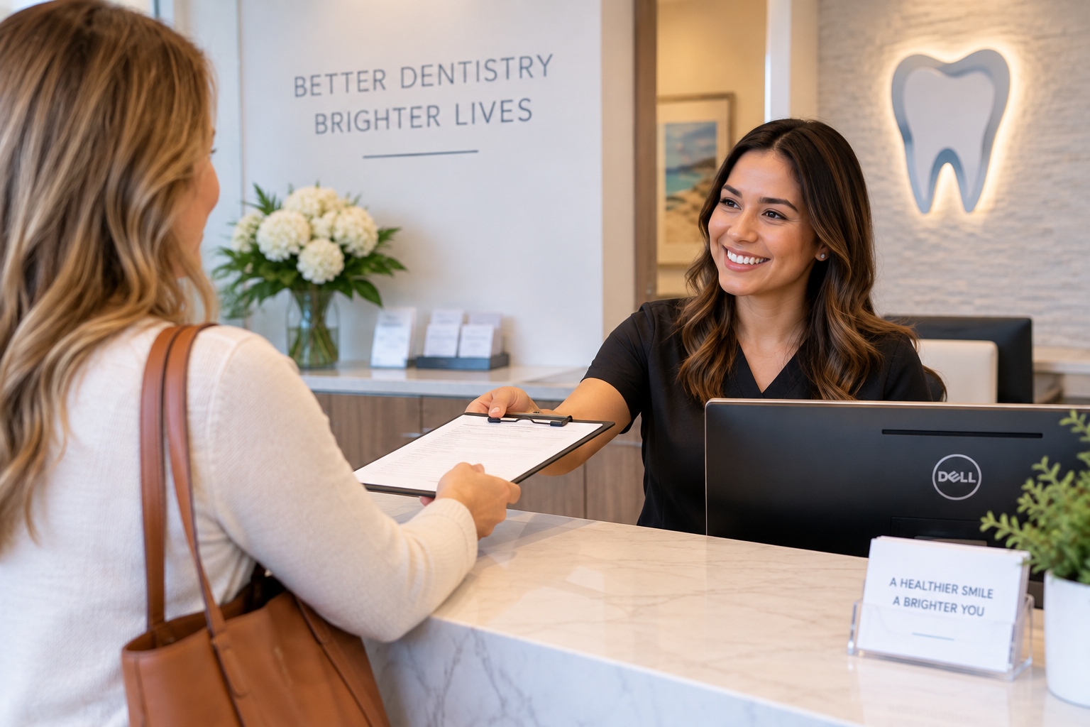 Front desk coordinator welcoming a Pearland patient at NewMe Dental