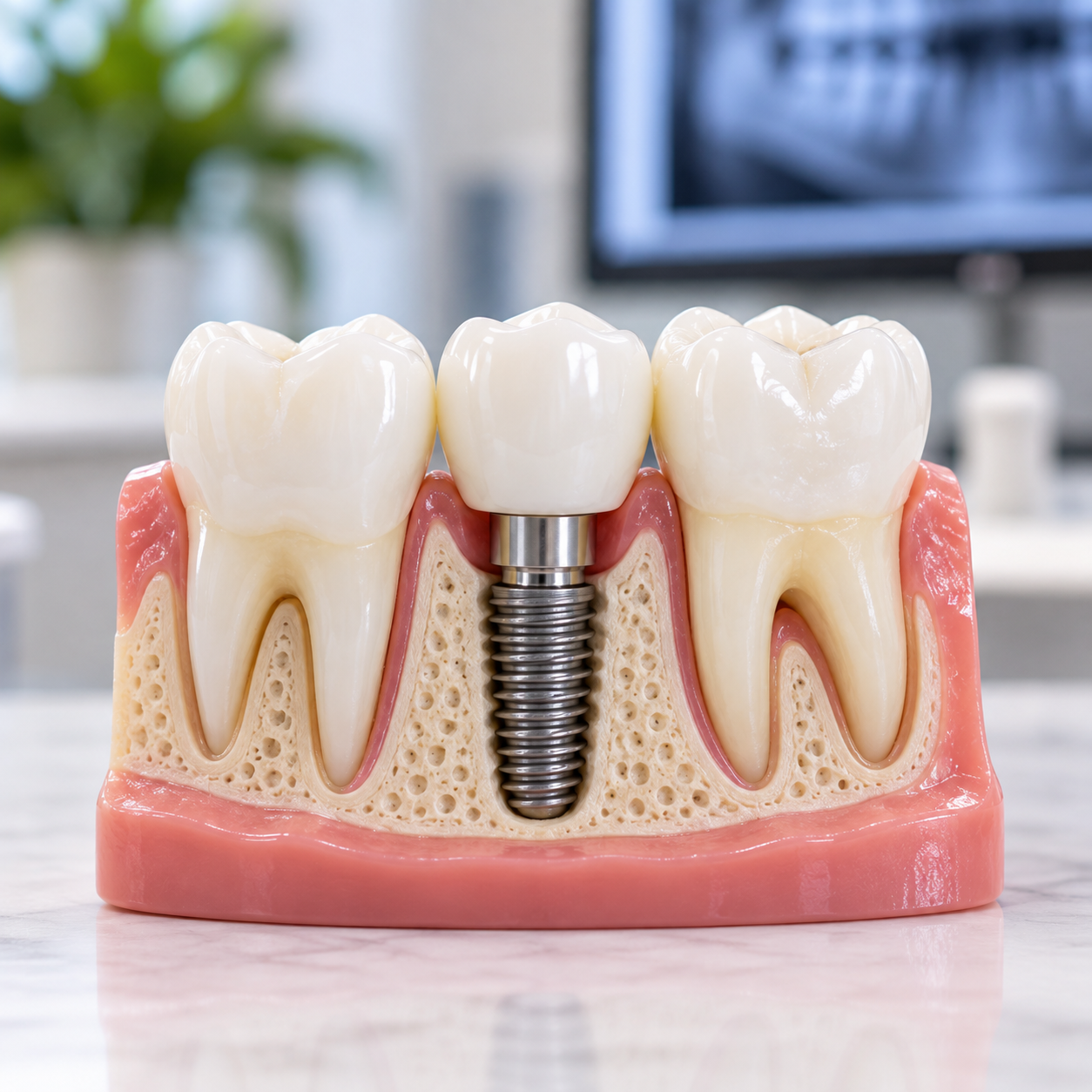 Dental model showing a single implant filling a one-tooth gap