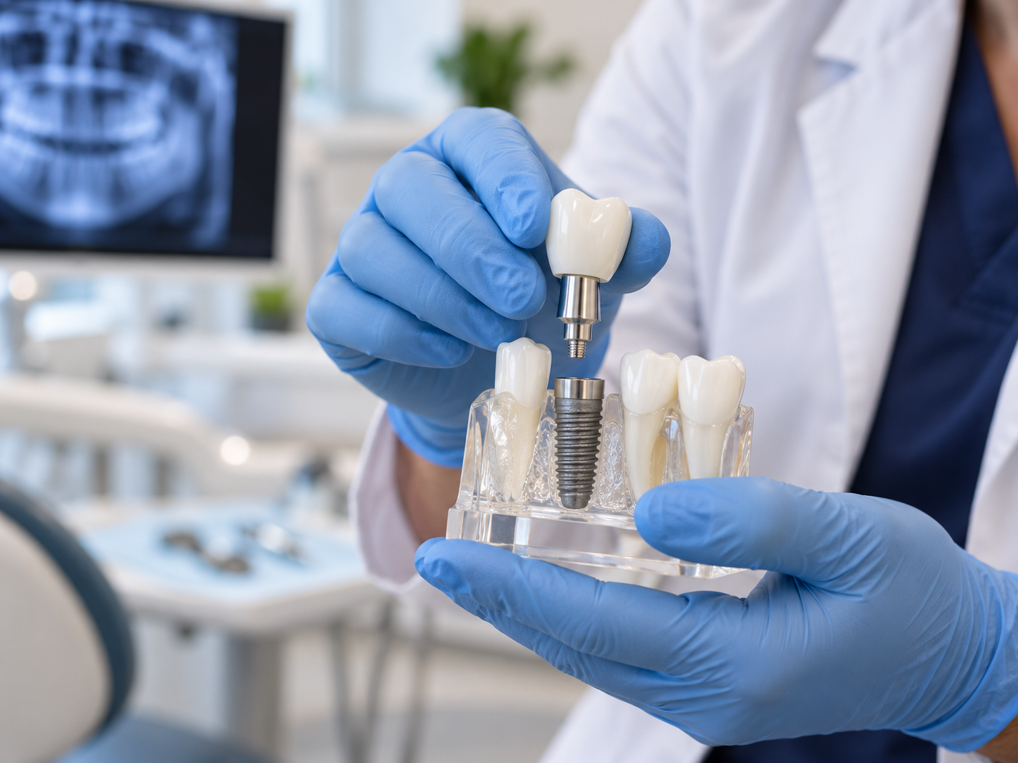 Clinician holding a single-tooth dental implant model showing the post, abutment, and crown